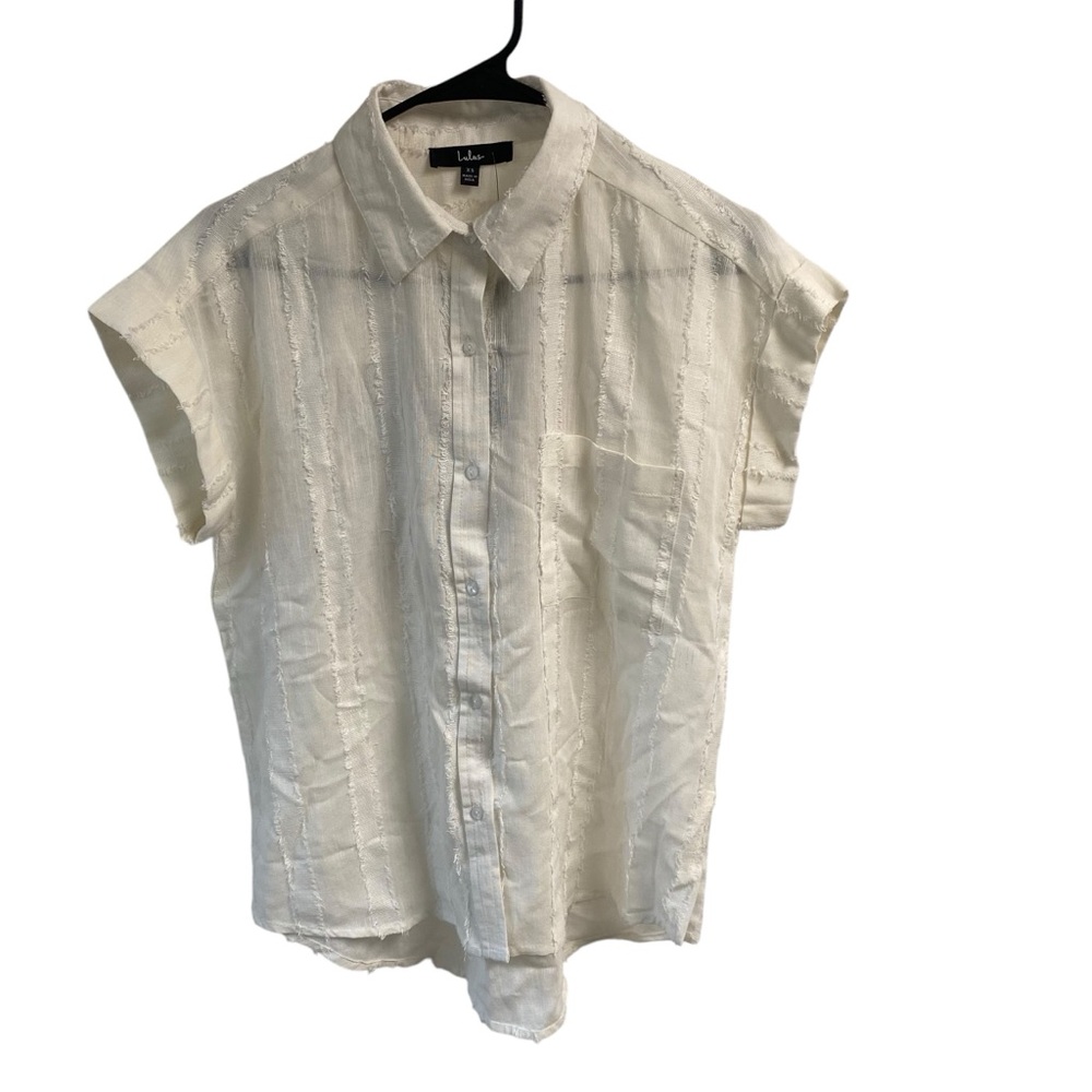 Lulus Ladies Ivory Textured Button Up Viscose Short Sleeve‎ Shirt Sheer